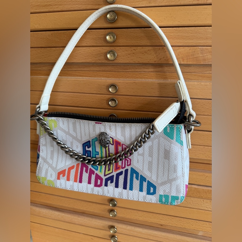 Kurt Geiger London Mini Shoulder Bag White Graffiti Rainbow Logo Chain Strap